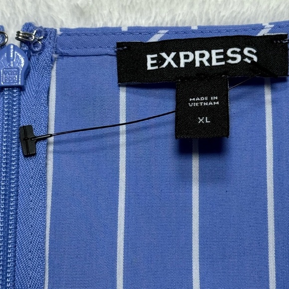 Express Womens XL Blue Striped Puff Sleeve Belted Mini Dress Cotton Blend NWT - Picture 9 of 10